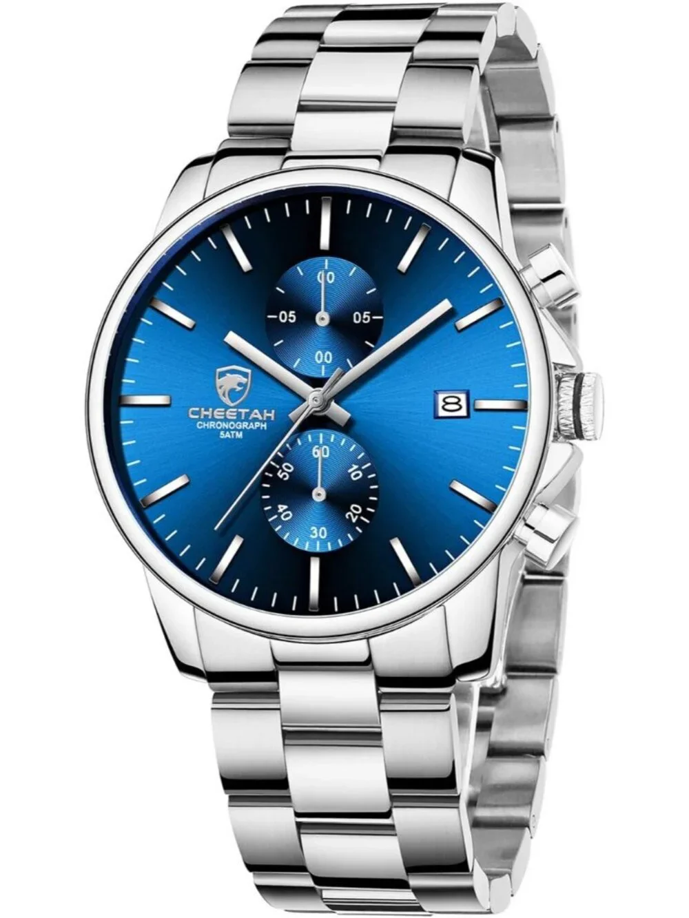 Men's Silver Blue Classic Stainless Steel Waterproof Chronograph Quartz Watch